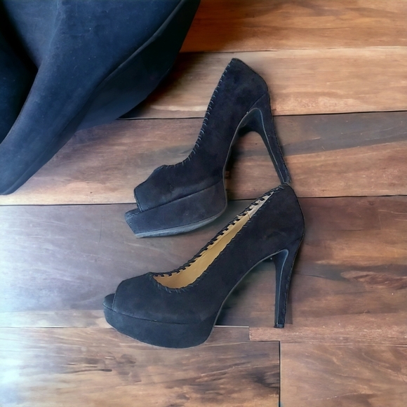 Antonio Melani Luna Black Suede Leather Peep Toe Stiletto Platform Heels Sz 9.5M - Picture 2 of 12